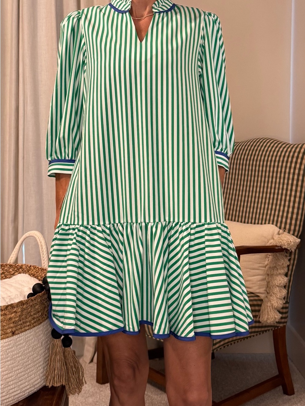 Green & White Striped Ruffle-Hem Mini Dress